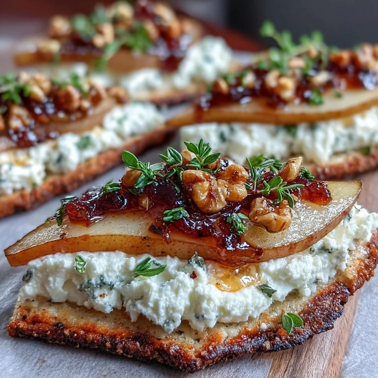 Plated Goat Cheese & Pear Flatbread with Hot honey is garnished with walnuts and fresh thyme, ready for a appetizer.