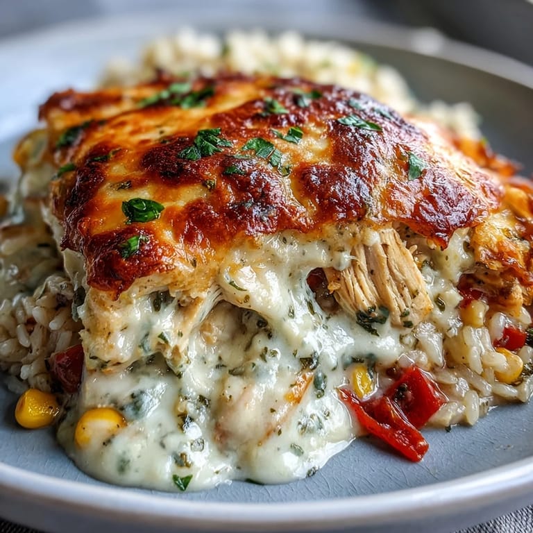 Tender chicken and fluffy rice mingle in a savory garlic Parmesan sauce speckled with red bell pepper.