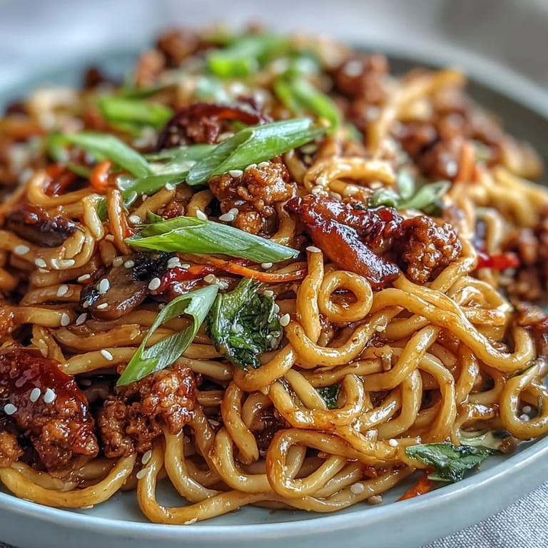 A steaming bowl of Korean Turkey Fried Noodles garnished with sesame seeds and green onions.