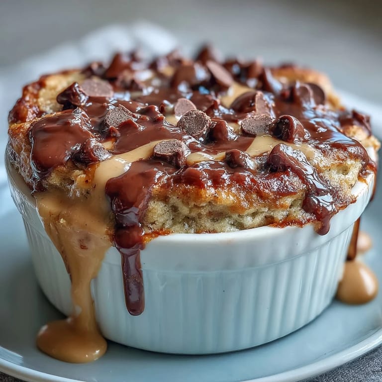 Rich, gooey Peanut Butter Cup Protein Pancake Bowl topped with melted peanut butter and chocolate chips, a high-protein breakfast treat.