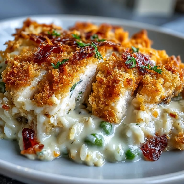 A generous slice of Creamy Garlic Chicken & Rice Casserole served on a plate alongside fresh steamed broccoli.