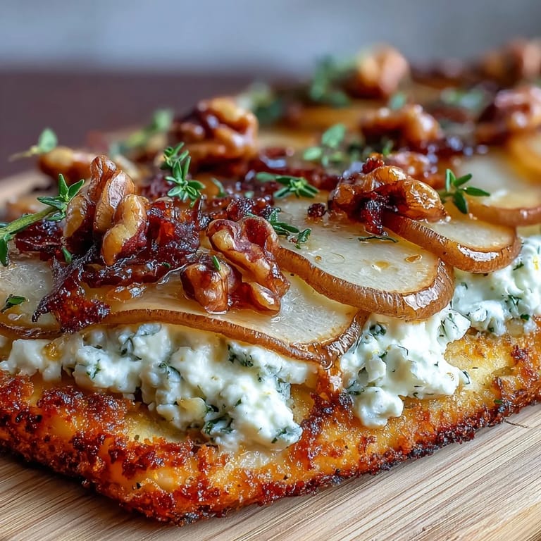 Close-up of warm Goat Cheese & Pear Flatbread with Hot Honey, highlighting melted cheese, caramelized onions, and a spicy honey glaze.