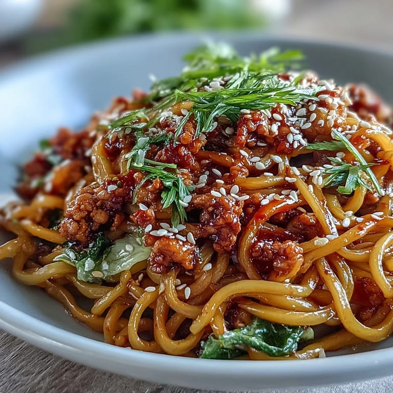 A close-up of Korean Turkey Fried Noodles in a wok, featuring sautéed red bell peppers and carrots with steaming noodles.