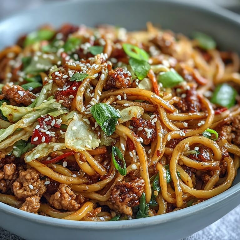 Spicy Korean Turkey Fried Noodles served in a white bowl, topped with sesame seeds and sliced green onions for garnish.