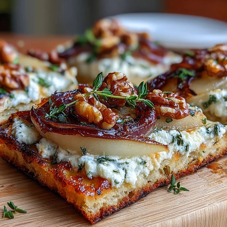 Close-up of warm Goat Cheese & Pear Flatbread with Hot Honey, highlighting melted cheese, caramelized onions, and a spicy honey glaze.