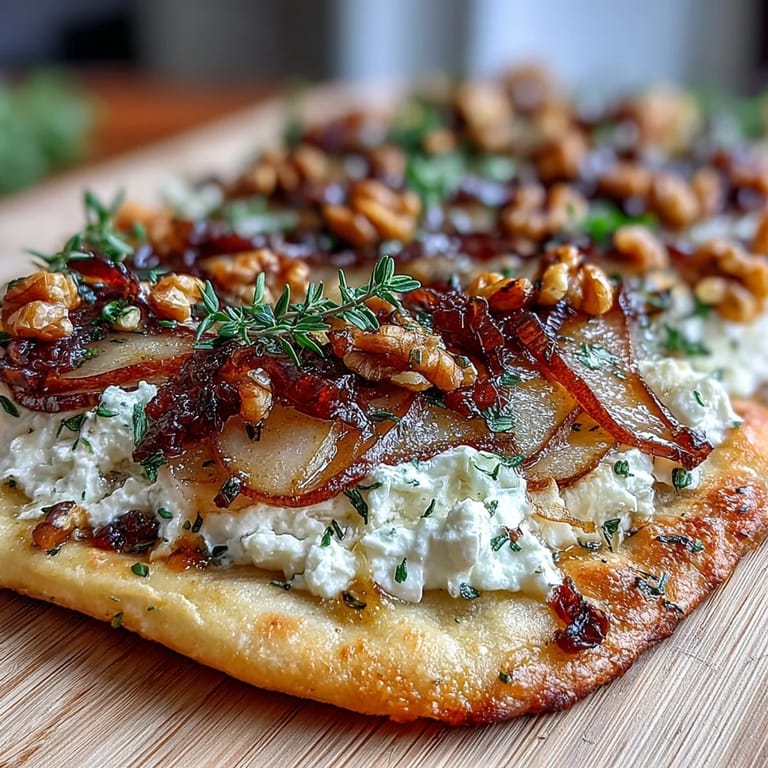 Freshly baked Goat Cheese & Pear Flatbread with Hot Honey drizzled, topped with pear slices, thyme, and walnuts, ready to serve.