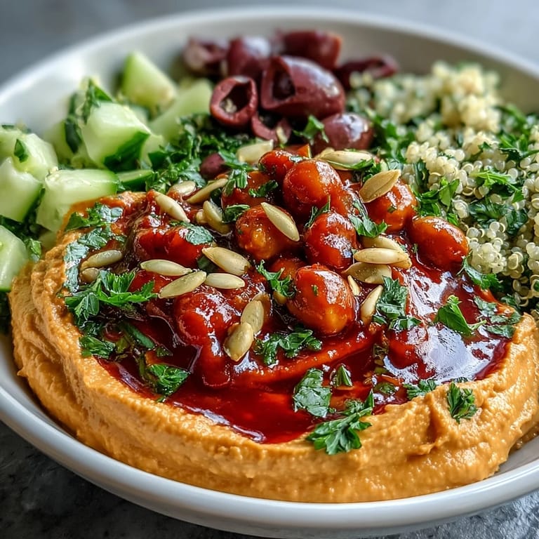 Wholesome Buddha bowl packed with roasted red pepper hummus, crisp vegetables, and protein-rich quinoa for a satisfying vegan lunch.