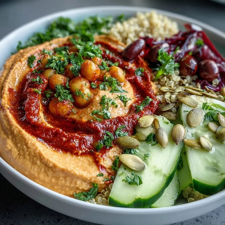 Creamy roasted red pepper hummus drizzled over fresh greens, cherry tomatoes, and avocado in a wholesome grain bowl.  