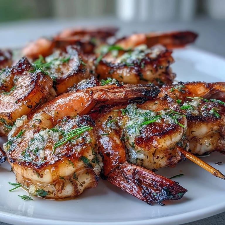 Zesty lemon herb marinated shrimp grilled on skewers, garnished with fresh herbs and lemon slices for a vibrant summer dish.
