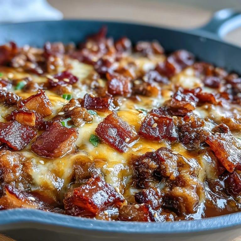 Hearty one-pan Keto BBQ Bacon Cheeseburger Skillet topped with sesame seeds and green onions.  