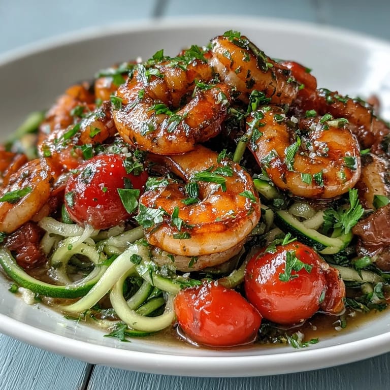 Fresh zucchini noodles paired with tender shrimp and cherry tomatoes in a bright, citrusy scampi sauce for a guilt-free meal.