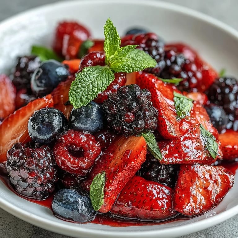 Ripe strawberries, blueberries, raspberries, and blackberries tossed with honey-lemon dressing and garnished with fresh mint leaves.