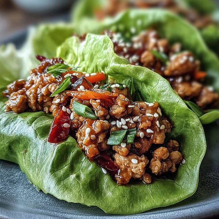 Savory ground turkey filling spooned into crisp lettuce leaves, served alongside fresh carrot, cucumber, and bell pepper sticks for a satisfying crunch.