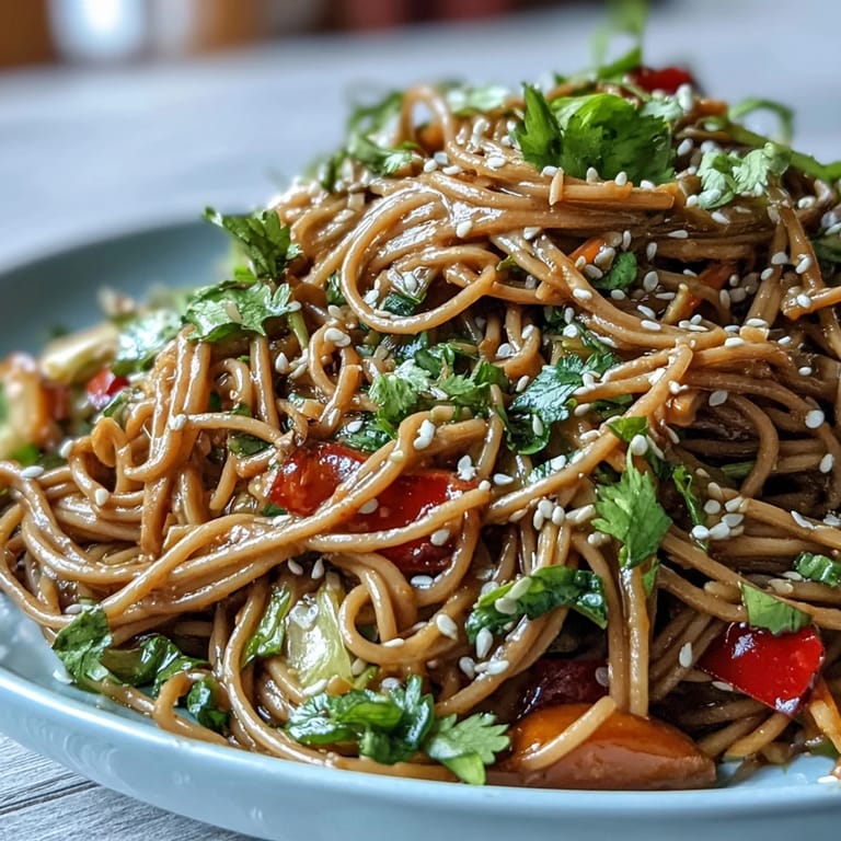 Nutty soba noodles combined with fresh vegetables in a zesty peanut sauce, served chilled for a refreshing meal.