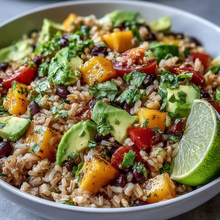 Wholesome Mango and Black Bean Brown Rice Fiesta Bowls featuring nutty brown rice, sweet mango, black beans, and fresh cilantro for a nourishing vegan meal.
