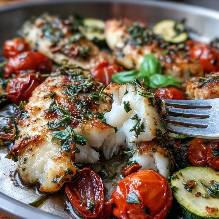 Juicy cherry tomatoes and tender zucchini roasted with tilapia fillets, all seasoned with garlic, lemon, and fresh herbs.  