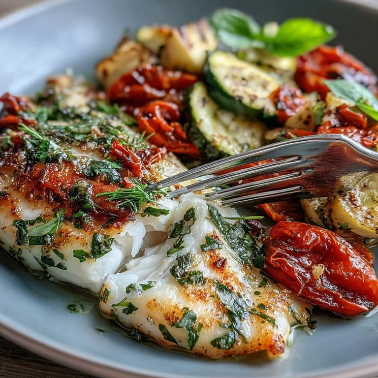 Easy sheet pan meal of flaky tilapia, zucchini, and cherry tomatoes baked with garlic and herbs for a quick weeknight dinner.