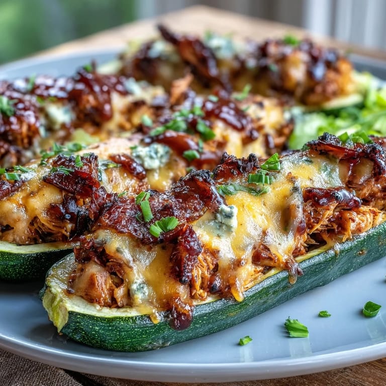 Oven-baked zucchini halves stuffed with shredded BBQ chicken, bubbling cheese, and a sprinkle of fresh herbs.