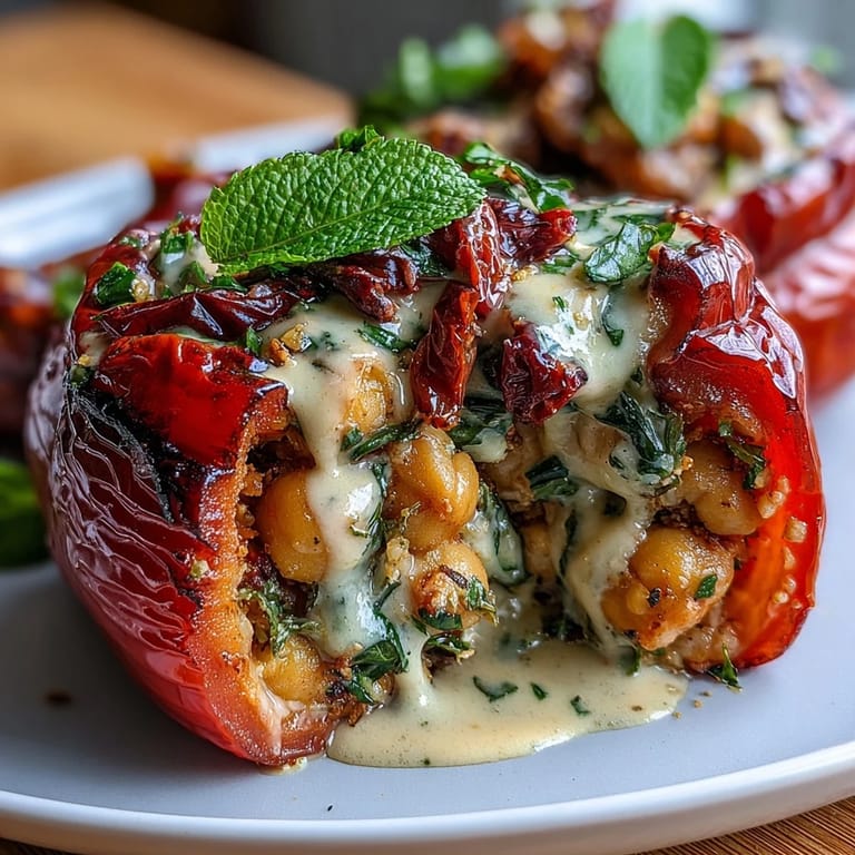 Roasted bell peppers packed with savory chickpea and herb filling, served with a rich, creamy lemon tahini sauce. A bright, nourishing vegan recipe perfect for any occasion.