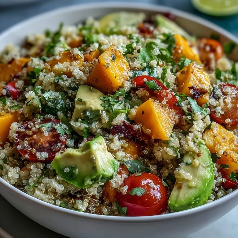 Refreshing summer salad with sweet mango, ripe avocado, and protein-rich quinoa, tossed in a zesty lime dressing and fresh cilantro.