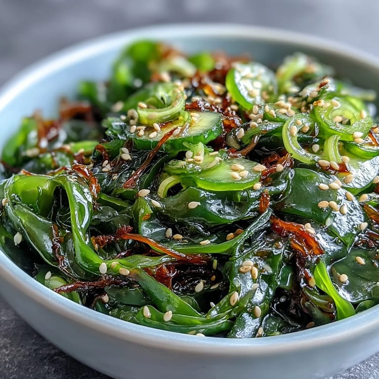 Tangy ponzu seaweed salad garnished with sesame seeds and chili, perfect as a refreshing Japanese starter.