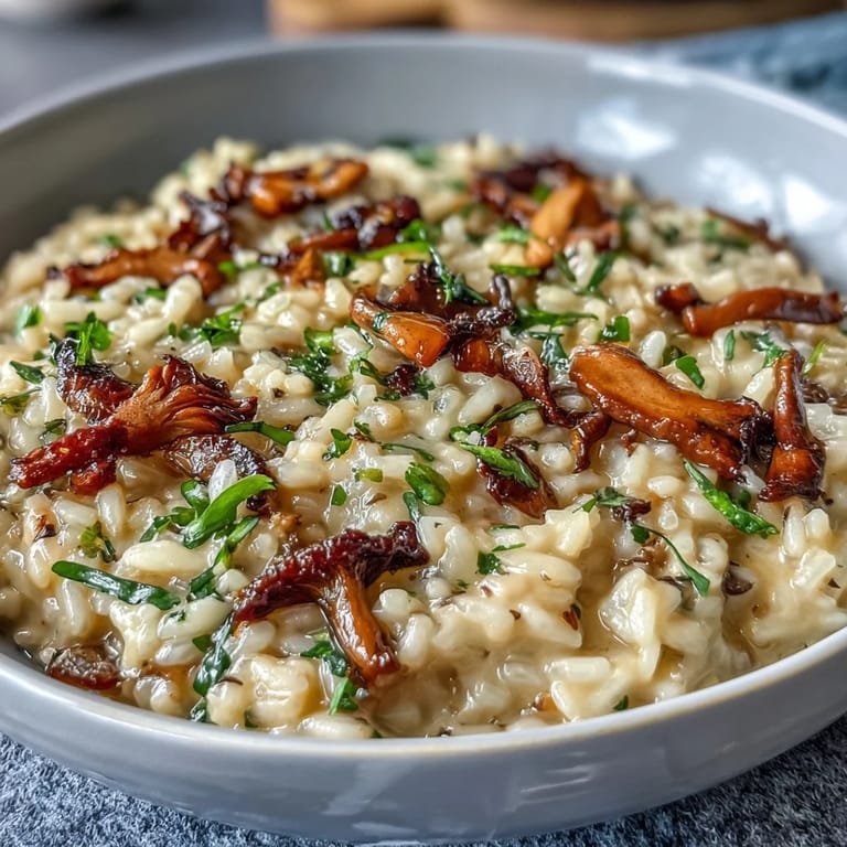 Luxurious risotto infused with truffle oil and finished with vibrant pea shoots, perfect for a gourmet dinner.