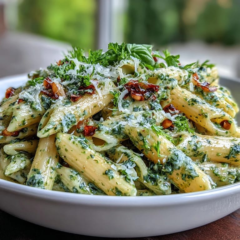 Vibrant cream cheese pesto pasta dish featuring al dente penne, fresh basil, and a silky sauce.