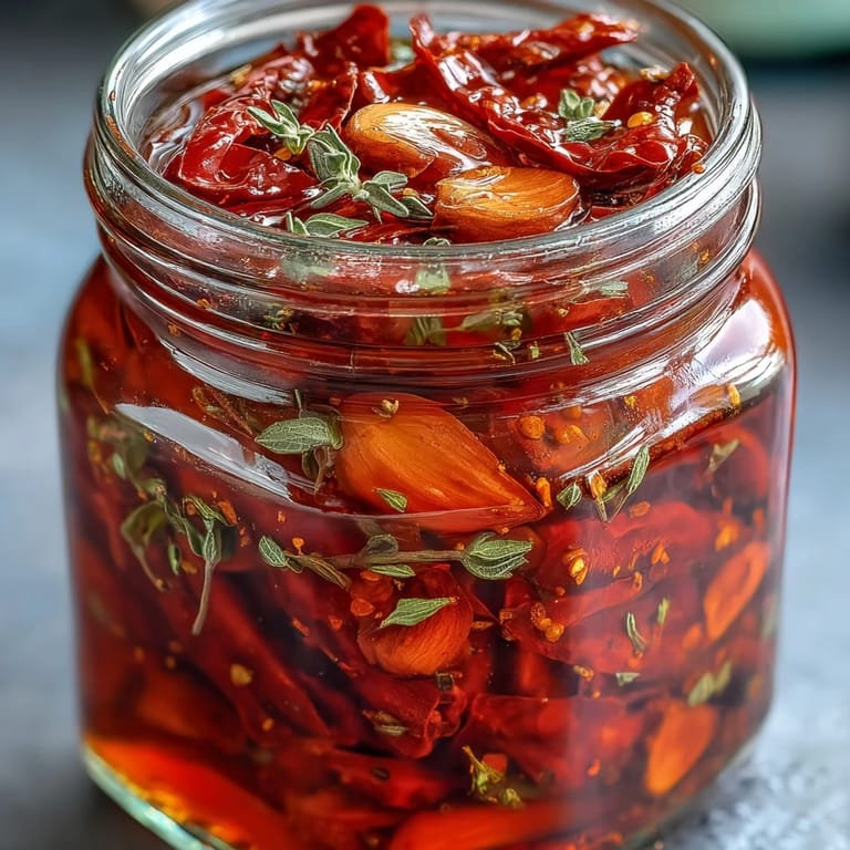 Vibrant red Calabrian chili oil with toasted garlic and thyme, served in a rustic glass jar for bold flavor.