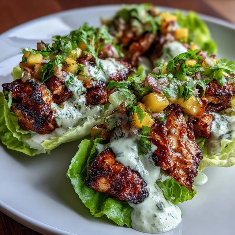 Vibrant jerk chicken lettuce cups filled with tender, charred chicken, topped with sweet mango salsa and tangy coconut crema for a fresh Caribbean-inspired meal.  