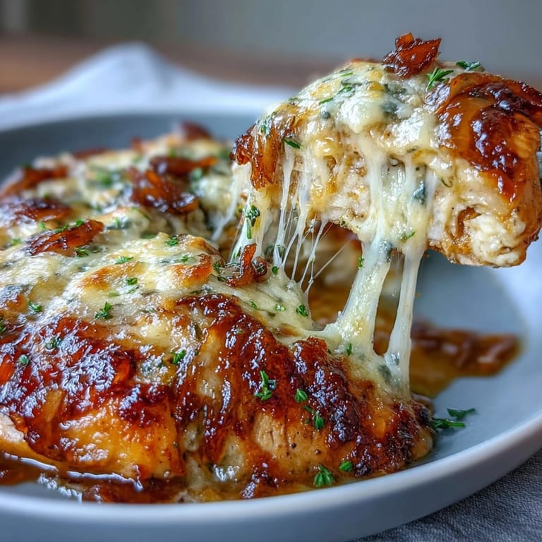 Tender chicken breasts baked with sweet caramelized onions and bubbling Gruyere for a comforting French-inspired meal.  