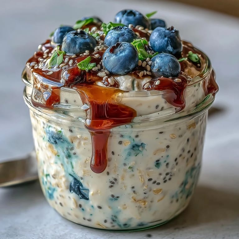 Layered overnight oats meal prep jars filled with chia, blueberries, and honey, ready for a nutritious grab-and-go start.  