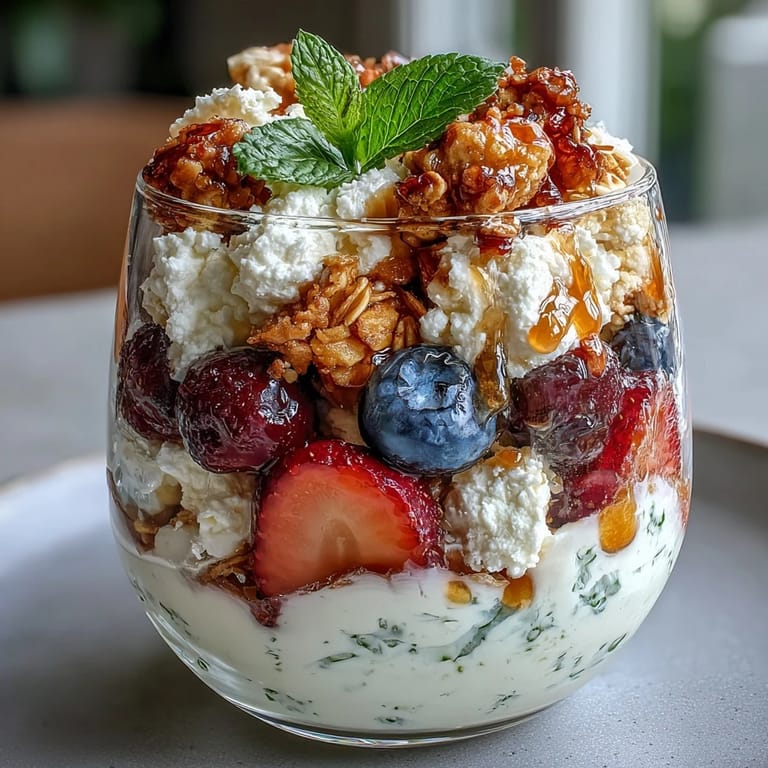 High-protein cottage cheese berry parfait featuring juicy strawberries, blueberries, and crunchy granola in a satisfying, low-calorie breakfast treat.