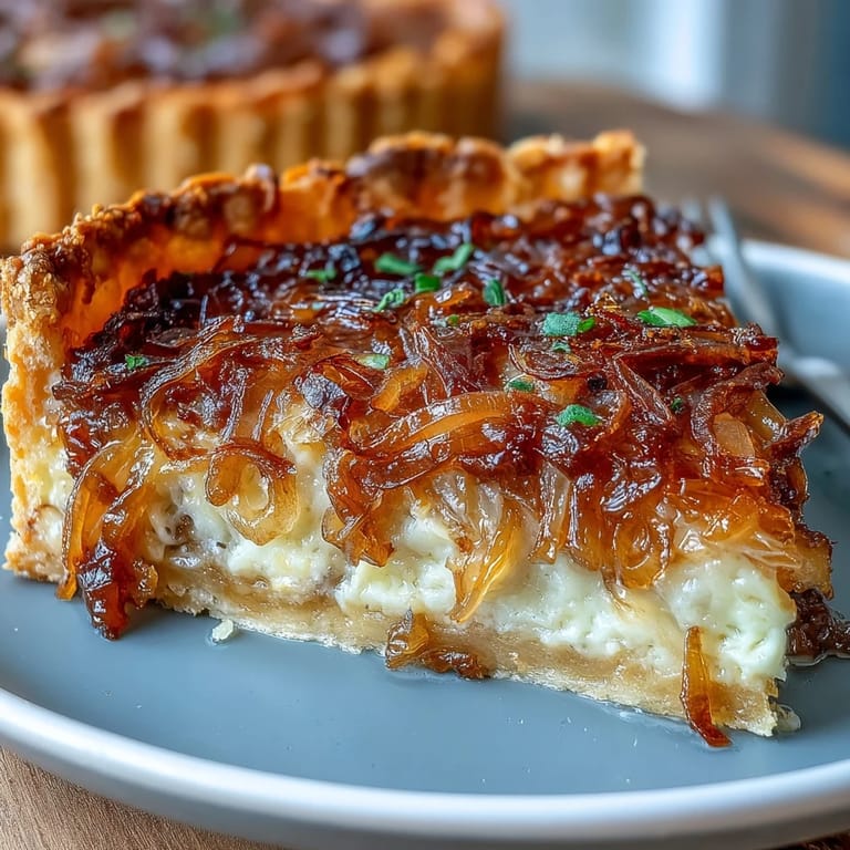 Rich and buttery tart filled with sweet caramelized onions and nutty Gruyere cheese, baked until golden and served warm from the oven.
