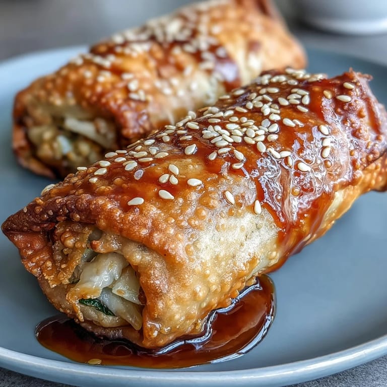 Golden air fryer egg rolls packed with colorful vegetables, paired with a sweet and savory soy ginger glaze for dipping.