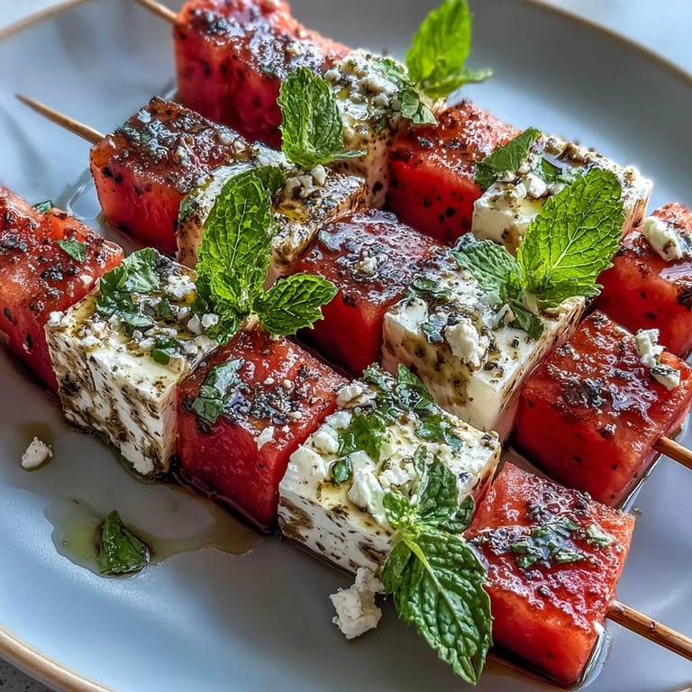 Juicy watermelon and creamy feta paired with mint on skewers, creating a Mediterranean-inspired appetizer bursting with fresh flavors.