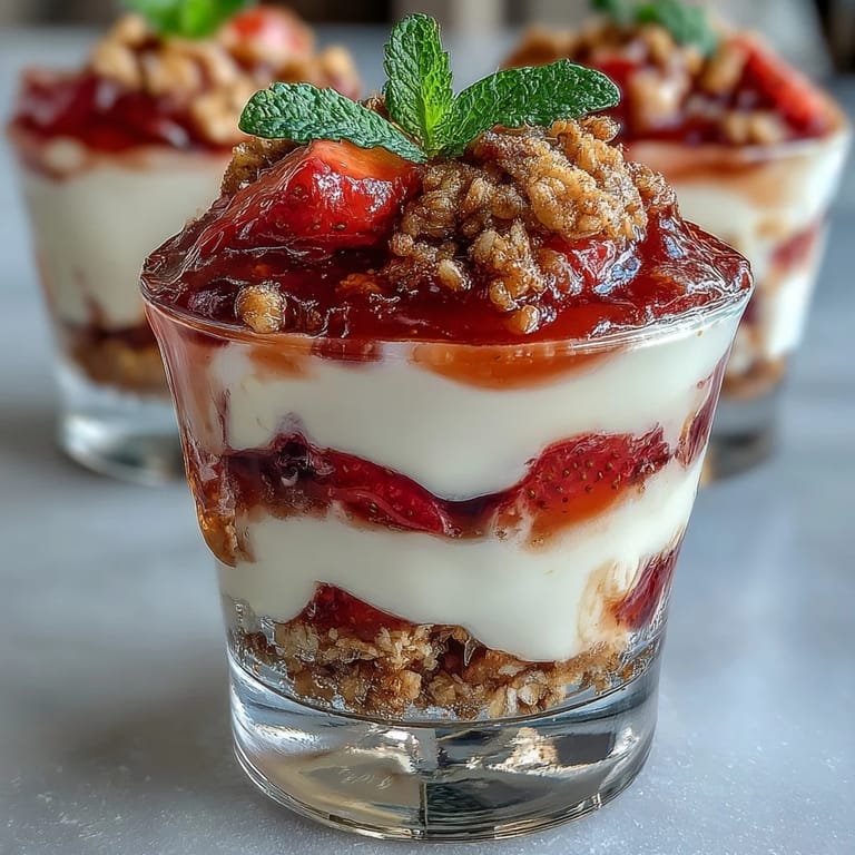 Elegant mini strawberry yogurt parfaits served in shot glasses, featuring vibrant layers of sweet strawberries, smooth yogurt, and crisp granola for a refreshing dessert.