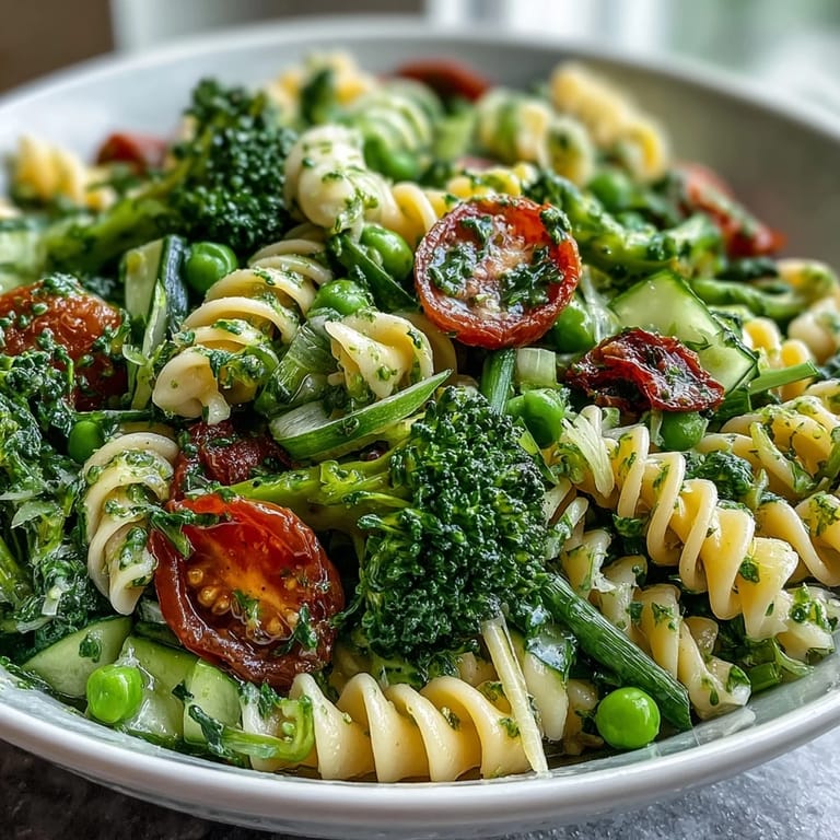 Bright spring garden pasta salad featuring tender pasta, fresh broccoli, and peas, drizzled with tangy lemon-herb dressing.