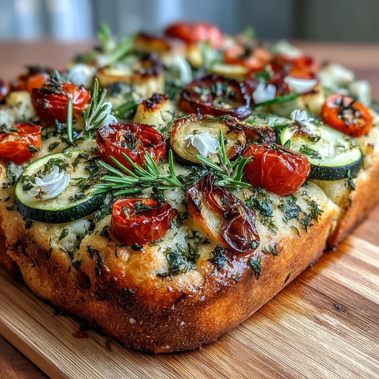 This stunning focaccia features artistic floral patterns made from sliced bell peppers, cherry tomatoes, and zucchini, finished with fragrant rosemary and thyme for a Mediterranean twist.