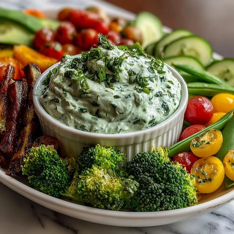 Colorful Little Sprout Veggie Platter featuring cherry tomatoes, broccoli, and radishes paired with herb-packed Green Goddess dip for healthy snacking.  
