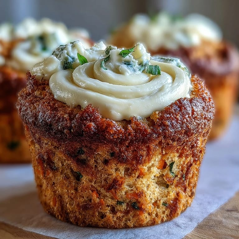 Freshly baked muffins packed with grated carrot and zucchini, topped with a delicate swirl of lightly sweetened cream cheese for extra flavor.