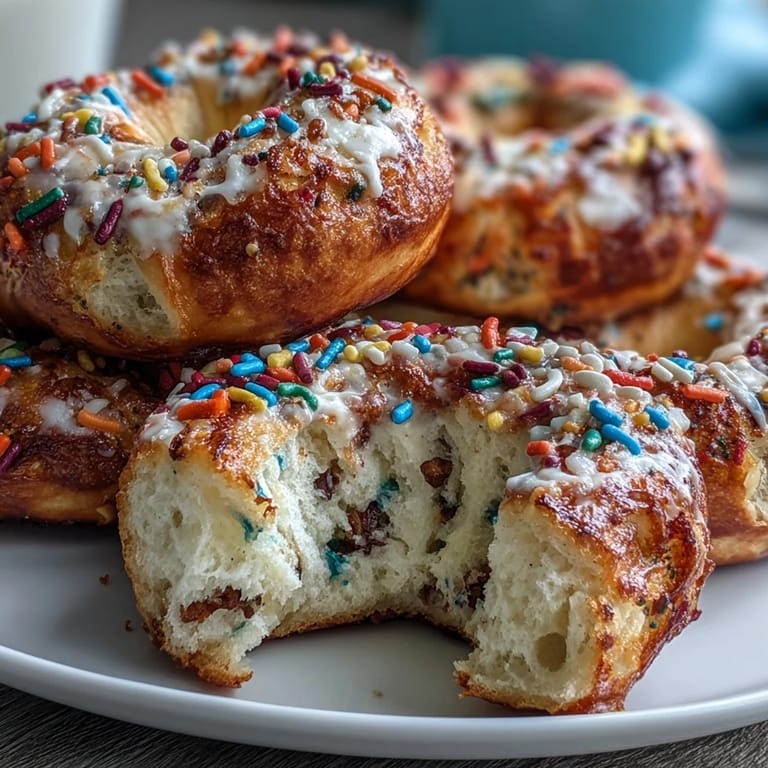 High-protein birthday cake bagels with a tender crumb, vibrant sprinkles, and golden crust, ideal for a fun and nutritious morning meal.