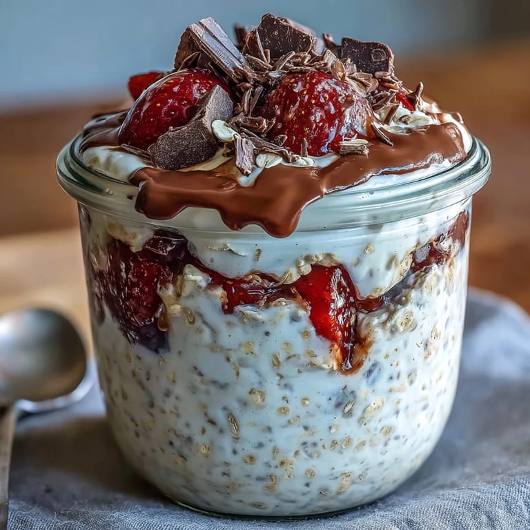 Layered strawberry chocolate chunk overnight oats dessert jar showcasing vibrant red strawberries, decadent chocolate pieces, and creamy yogurt oats in a glass jar.