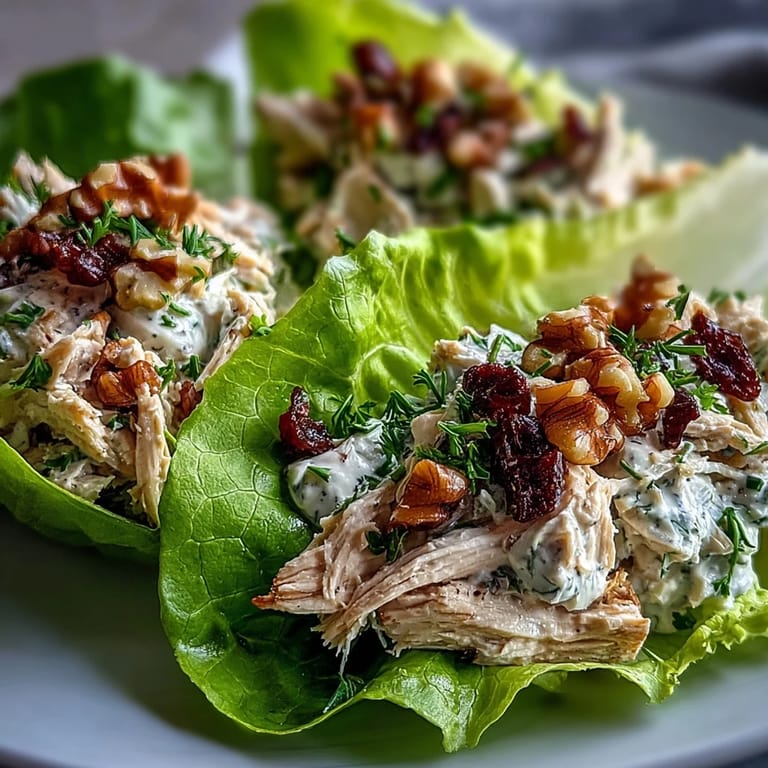 Fresh chicken salad with red bell pepper and celery wrapped in butter lettuce for a light gluten-free lunch option.