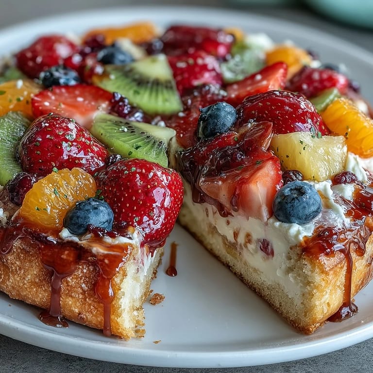 Festive fruit pizza dessert featuring a golden-baked cookie base, rich vanilla frosting, and glossy glazed fresh fruit for a stunning presentation.