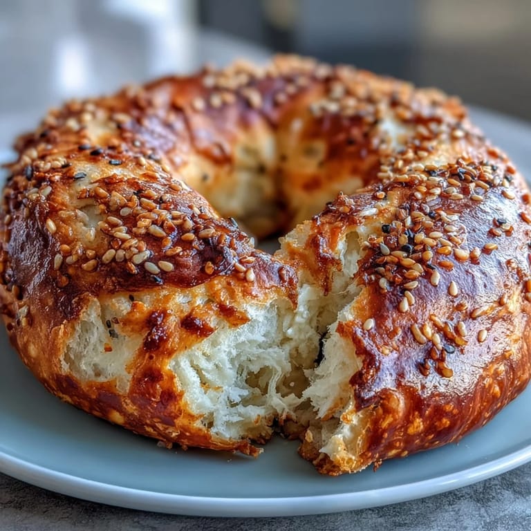 Homemade 2-ingredient yogurt bagels, freshly baked and sprinkled with sesame seeds, served warm for a satisfying morning treat.