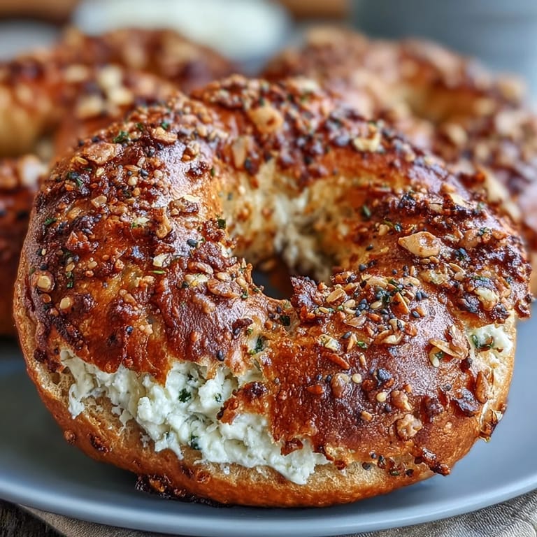 Golden-brown homemade bagels with Greek yogurt dough and crunchy everything seasoning, baked to perfection.  