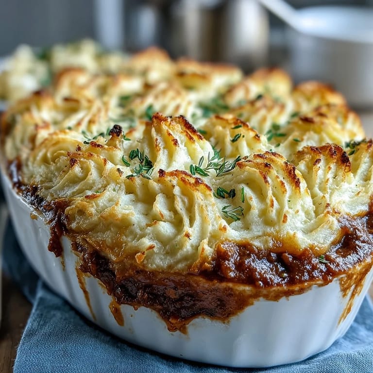 A hearty, low-carb Shepherd's Pie featuring tender lamb filling and smooth cauliflower mash, baked to golden perfection.