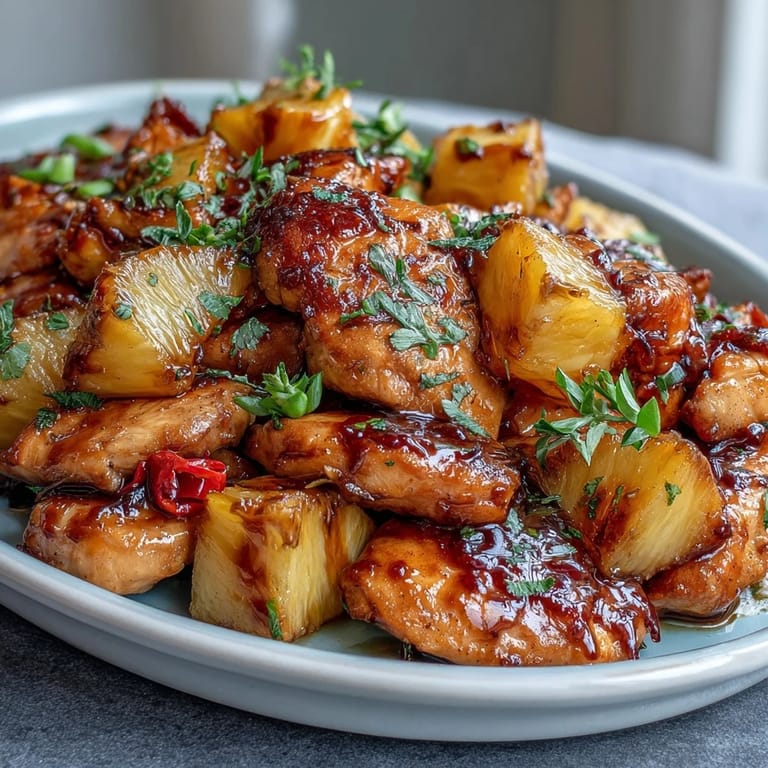 Easy one-pan sweet and sour chicken pineapple skillet loaded with fresh pineapple chunks and crisp bell peppers in a rich glaze.