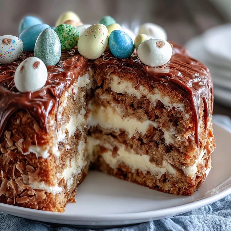 Adorable Easter Bunny Cake reveals a hidden sprinkle center when sliced, featuring fluffy buttercream frosting and playful candy decorations for a joyful holiday treat.  