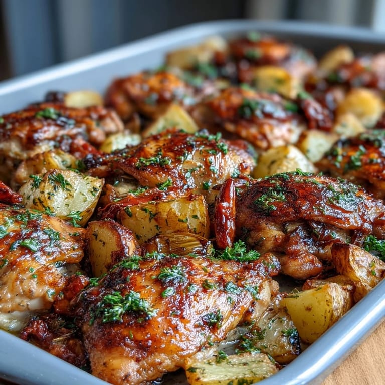 Juicy baked chicken drumsticks with crispy skin alongside tender potatoes and carrots, all infused with garlic and thyme for a wholesome, easy meal.